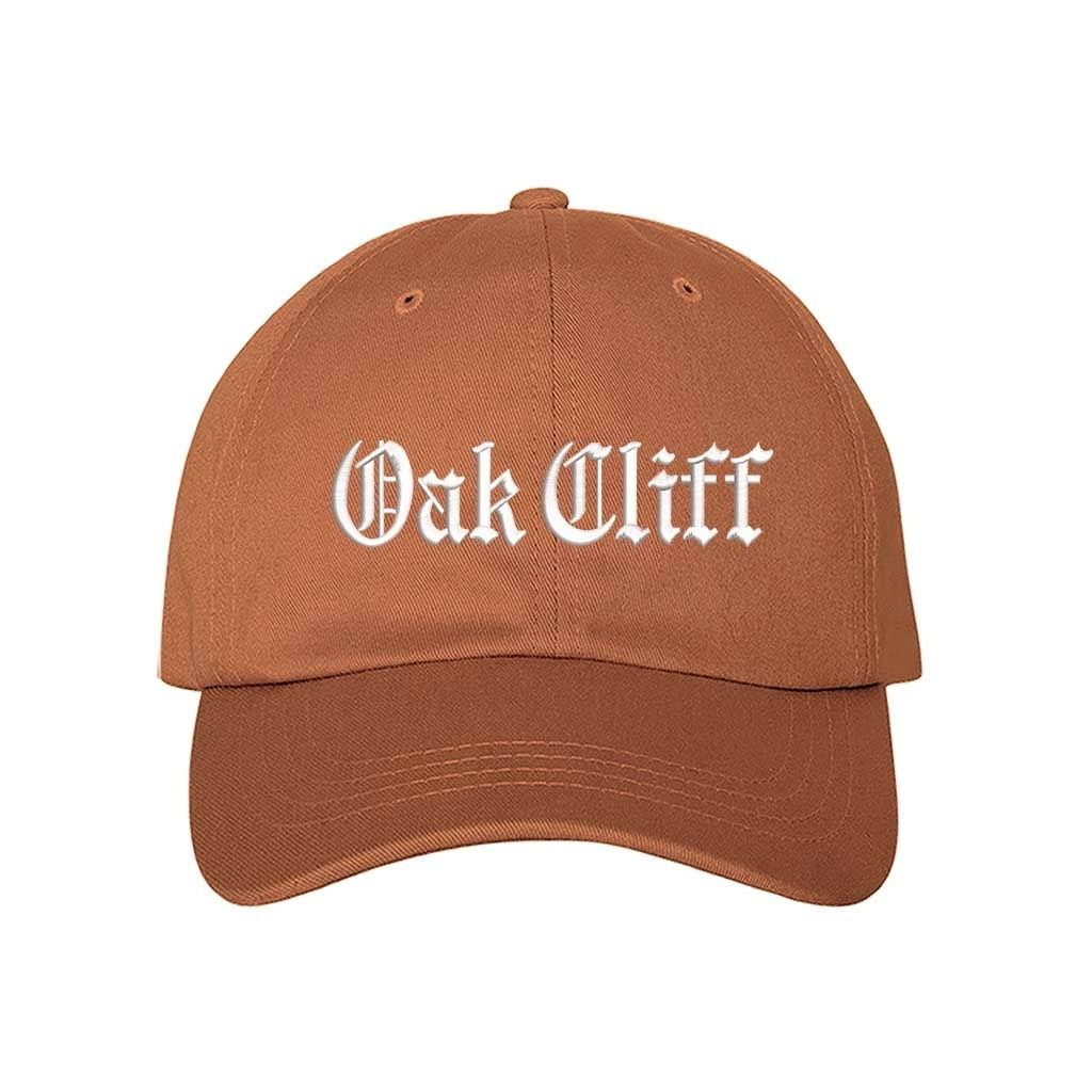 Texas Orange Oak Cliff Old English script Embroidered Baseball Hat in soft cotton with curved brim and adjustable hook and loop closure, designed for streetwear and everyday wear - DSY Lifestyle