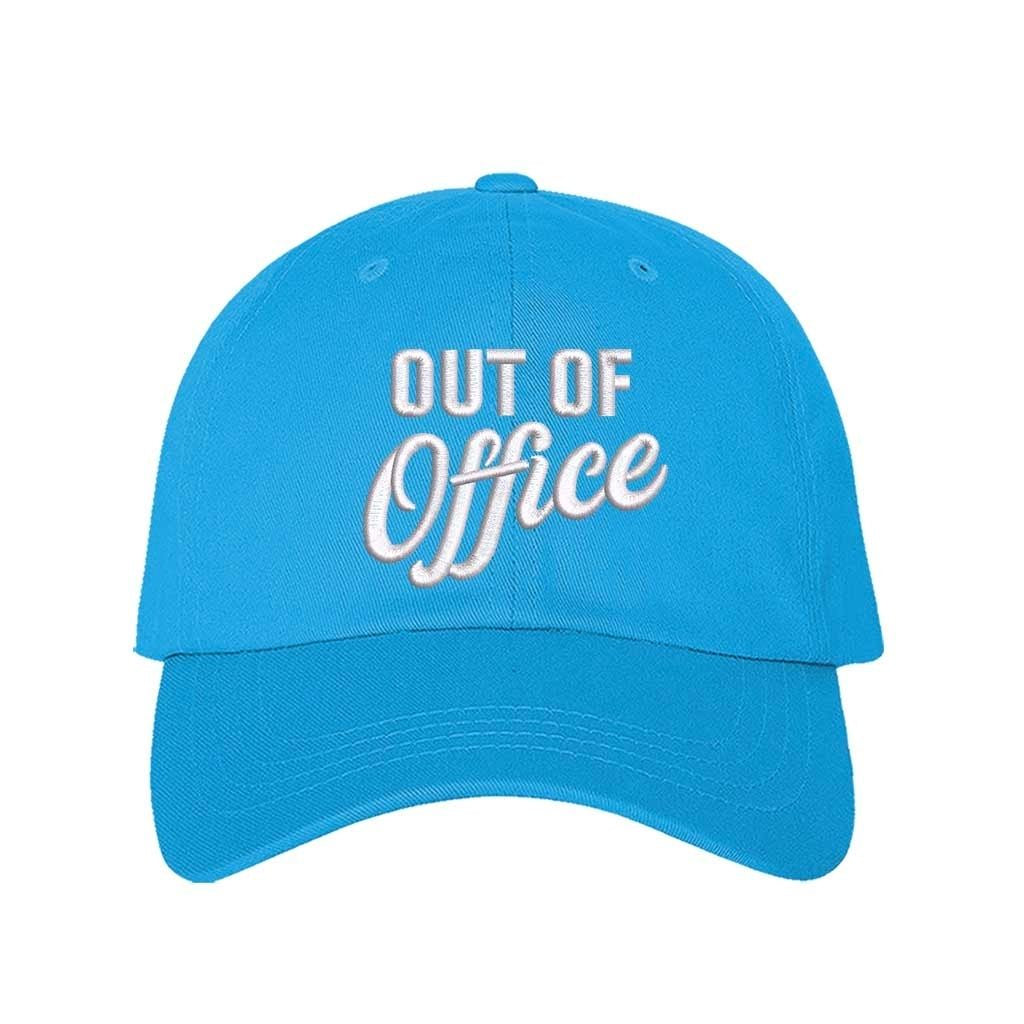 Aqua Out of Office Embroidered Baseball Hat in breathable cotton with pre-curved brim and adjustable hook and loop closure, styled for vacation or casual wear. DSY Lifestyle.