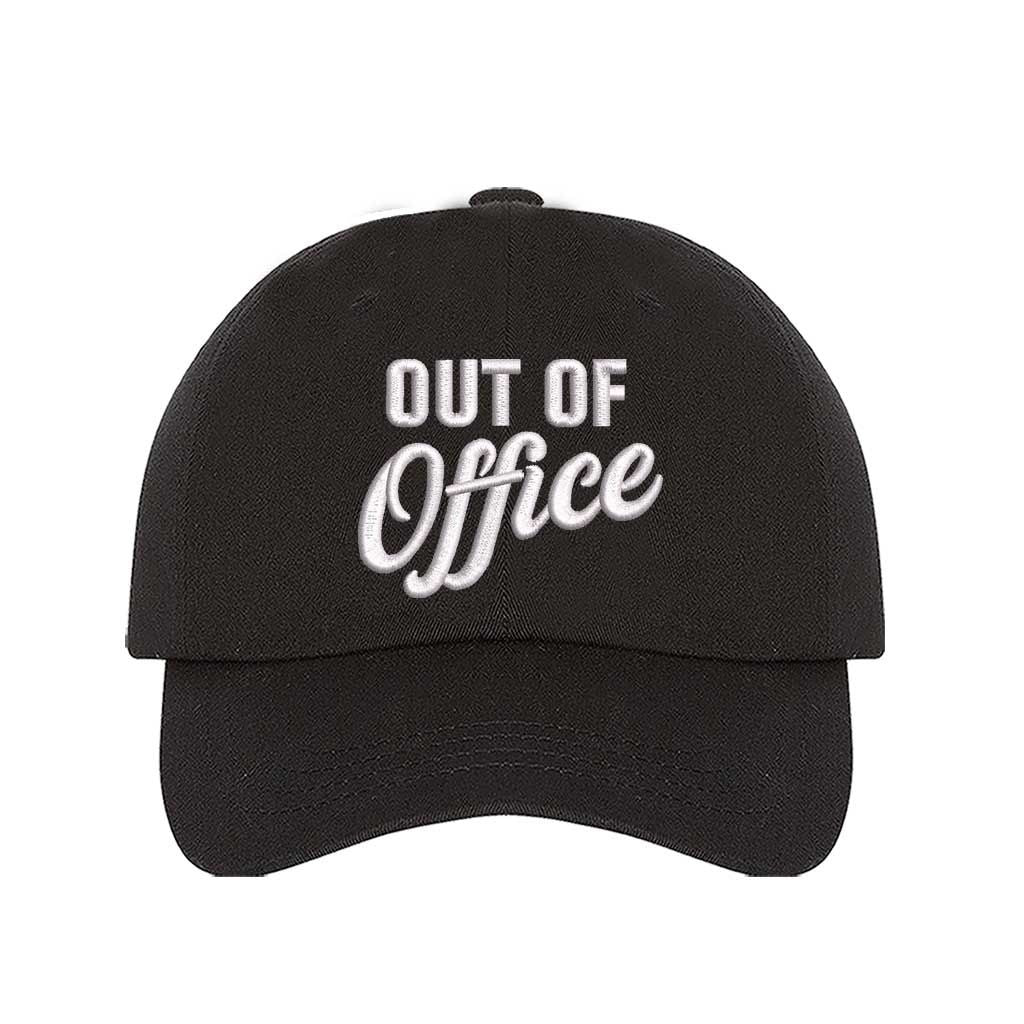 Black Out of Office Embroidered Baseball Hat in breathable cotton with pre-curved brim and adjustable hook and loop closure, styled for vacation or casual wear. DSY Lifestyle.