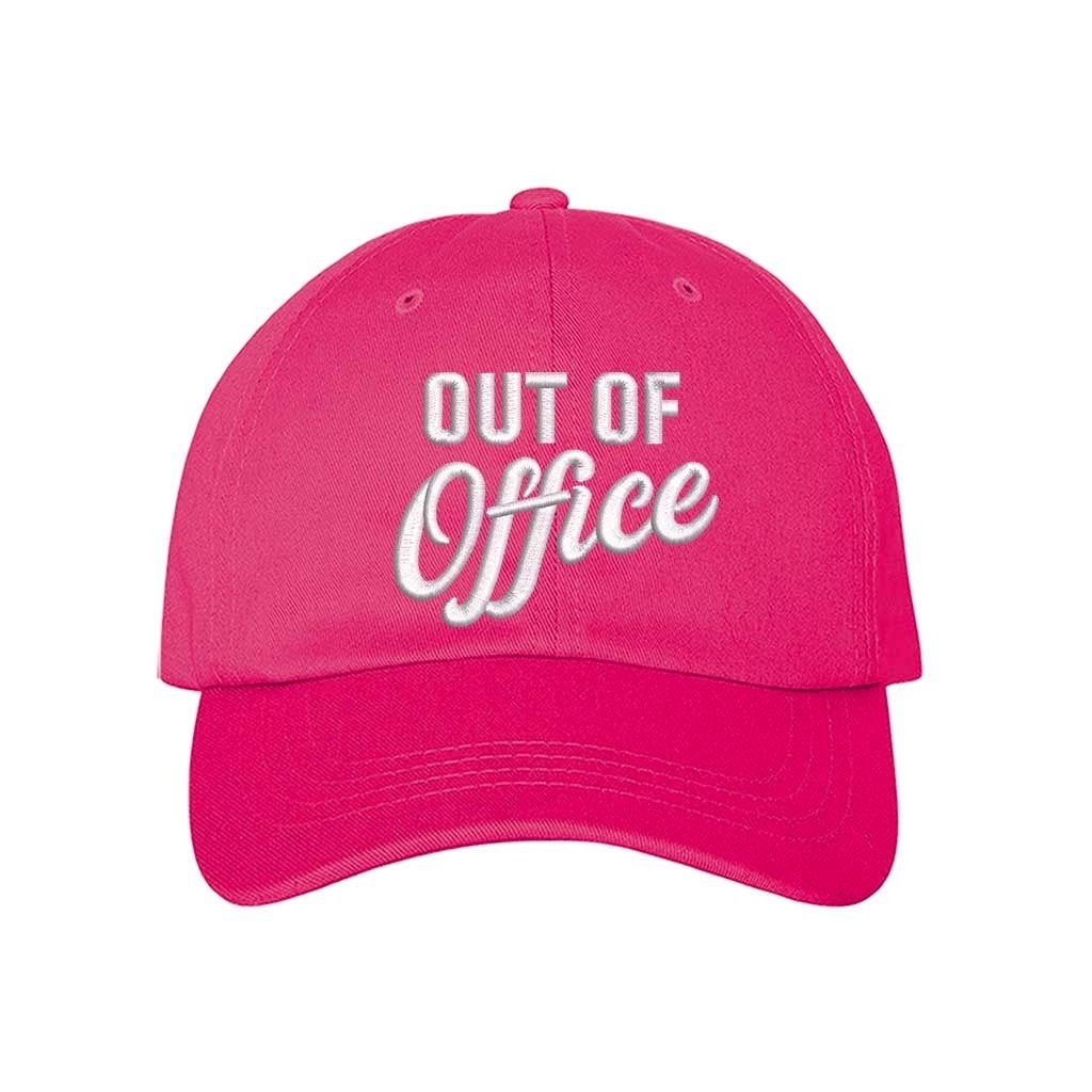 Hot Pink Out of Office Embroidered Baseball Hat in breathable cotton with pre-curved brim and adjustable hook and loop closure, styled for vacation or casual wear. DSY Lifestyle.