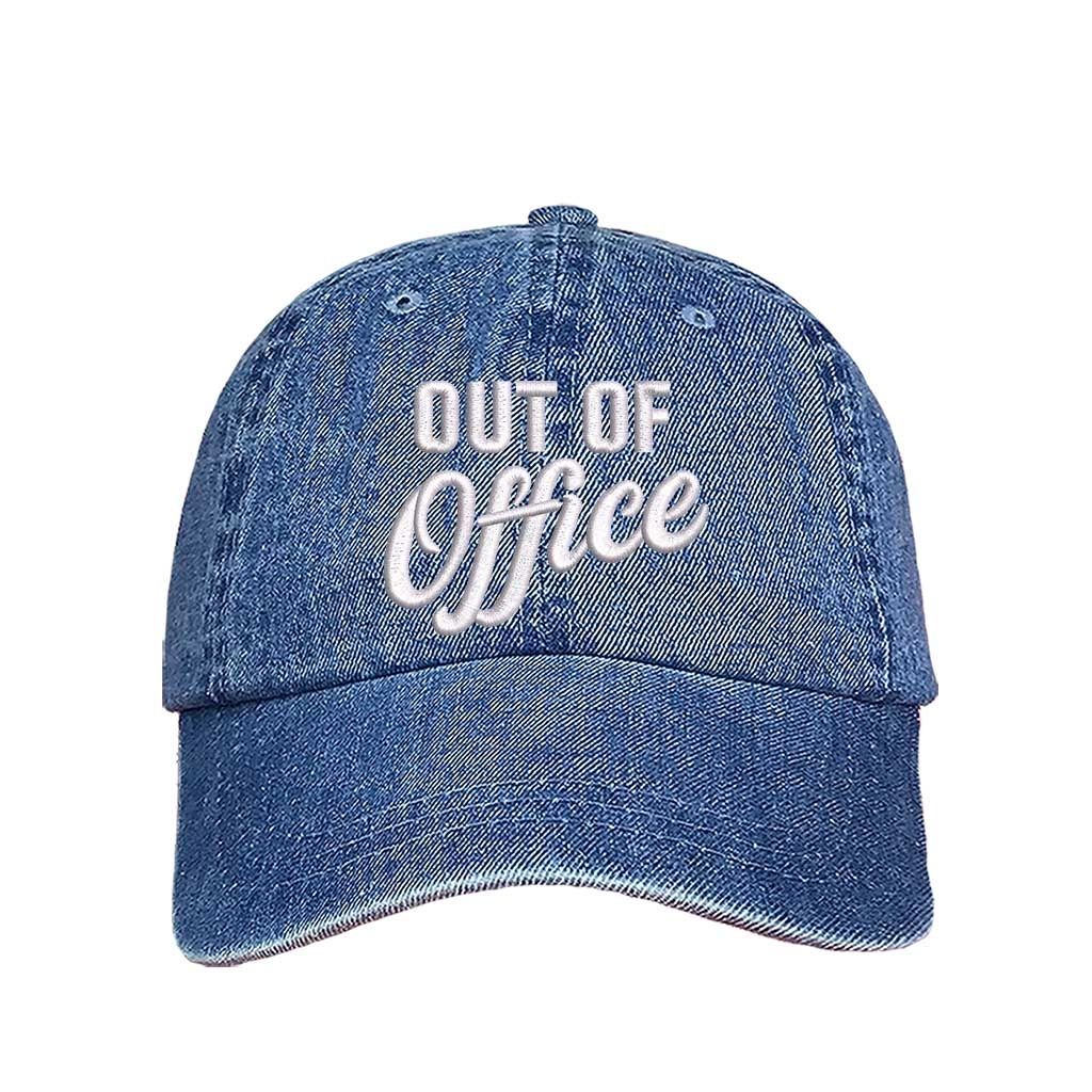 Light Denim Out of Office Embroidered Baseball Hat in breathable cotton with pre-curved brim and adjustable hook and loop closure, styled for vacation or casual wear. DSY Lifestyle.