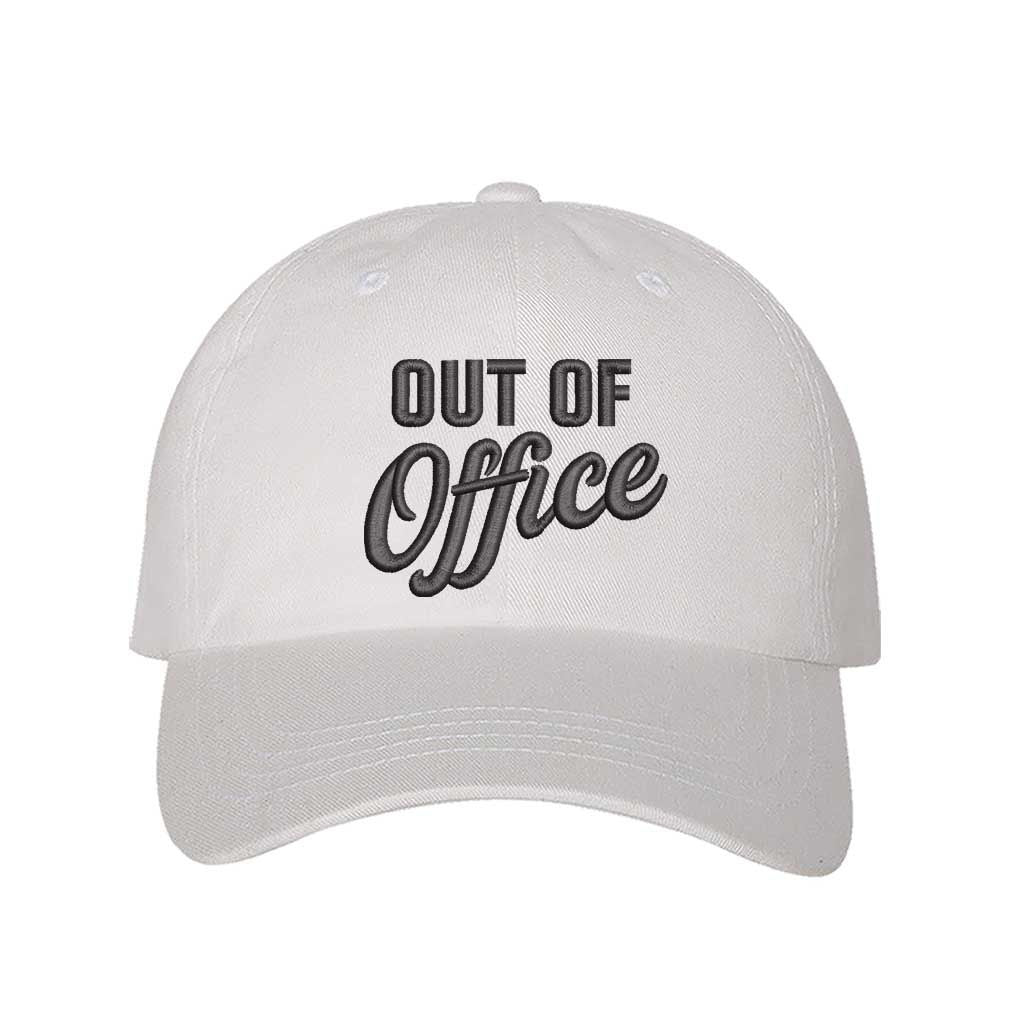 White Out of Office Embroidered Baseball Hat in breathable cotton with pre-curved brim and adjustable hook and loop closure, styled for vacation or casual wear. DSY Lifestyle.
