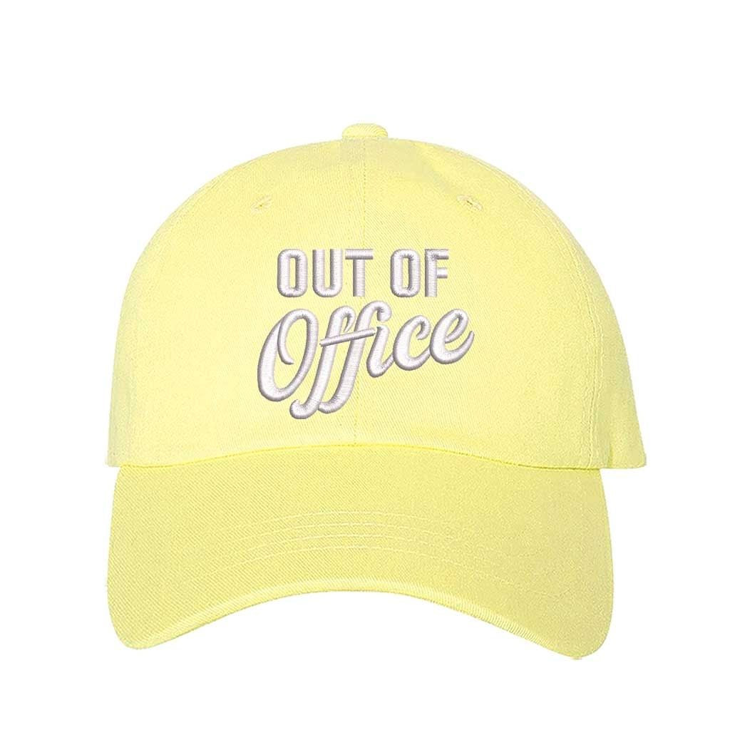 Yellow Out of Office Embroidered Baseball Hat in breathable cotton with pre-curved brim and adjustable hook and loop closure, styled for vacation or casual wear. DSY Lifestyle.