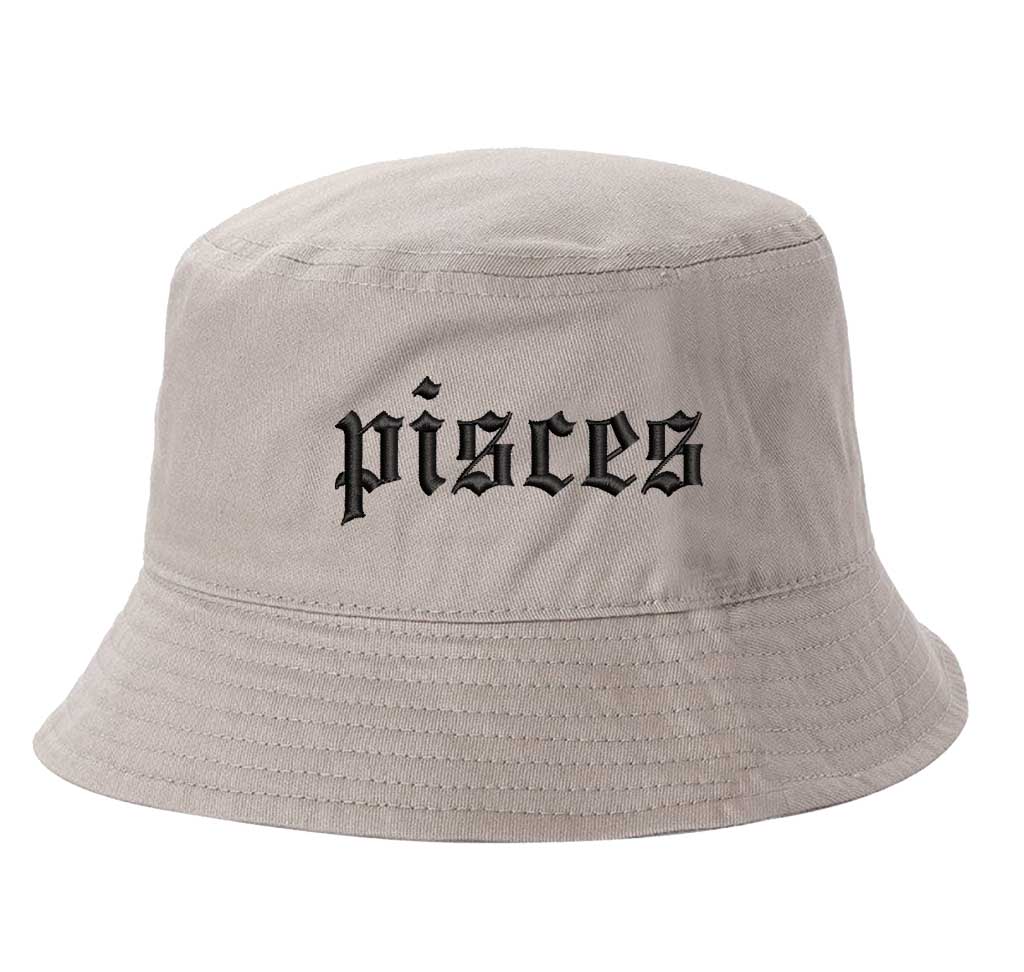 Khaki Pisces Zodiac Embroidered Bucket Hat featuring sharp black embroidery on a premium cotton crown with a structured brim; a sophisticated astrological statement piece by DSY Lifestyle.