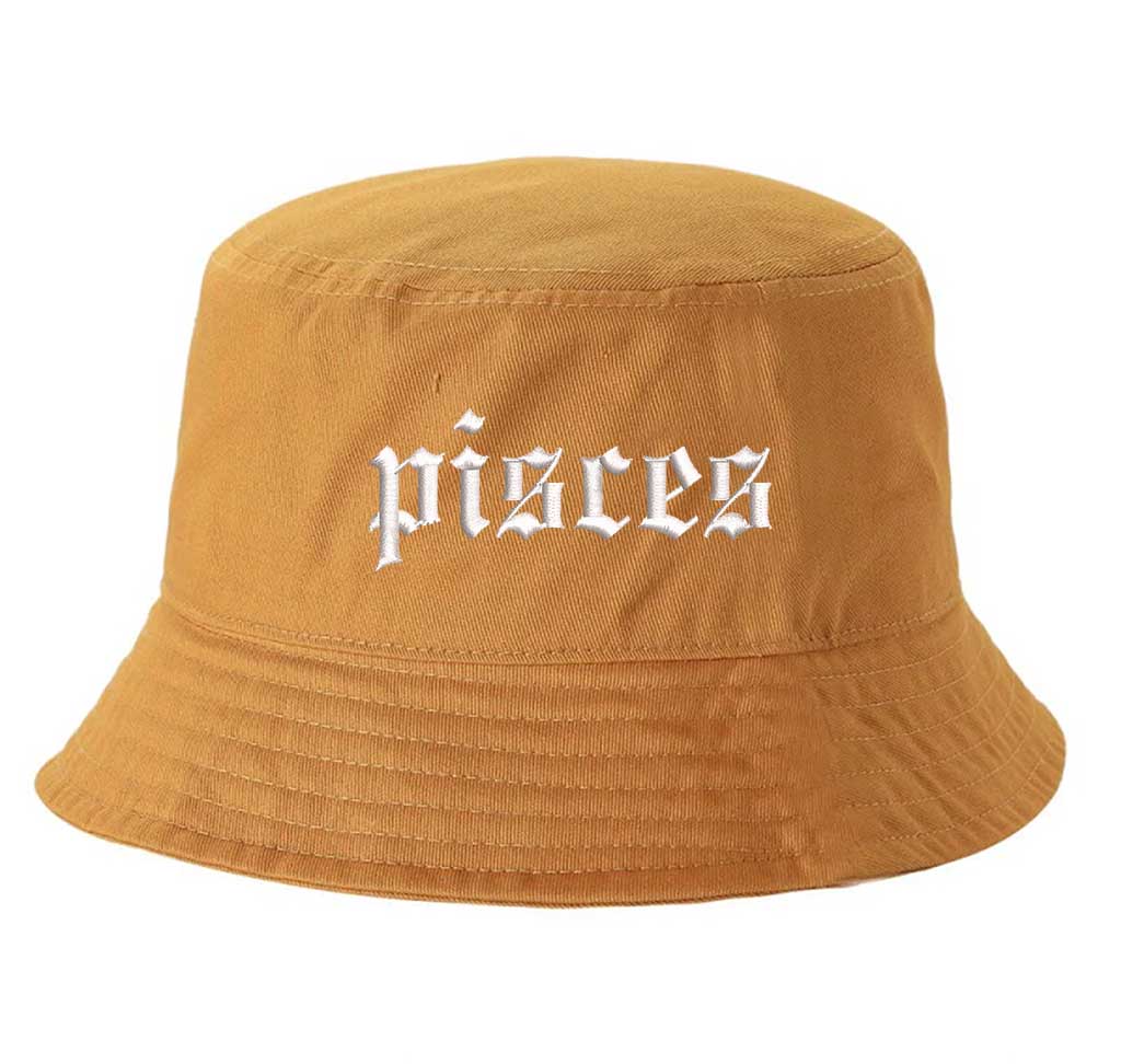 Mustard Pisces Zodiac Embroidered Bucket Hat featuring sharp white embroidery on a premium cotton crown with a structured brim; a sophisticated astrological statement piece by DSY Lifestyle.