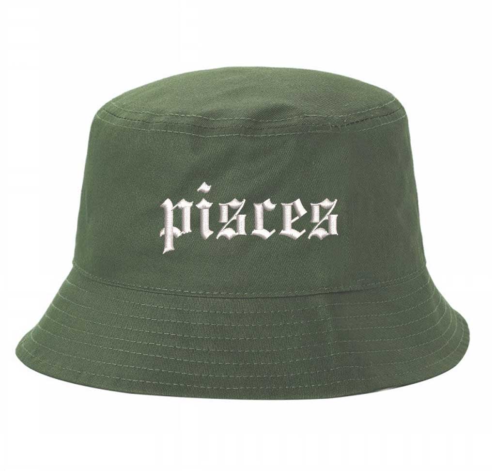 Olive Green Pisces Zodiac Embroidered Bucket Hat featuring sharp white embroidery on a premium cotton crown with a structured brim; a sophisticated astrological statement piece by DSY Lifestyle.