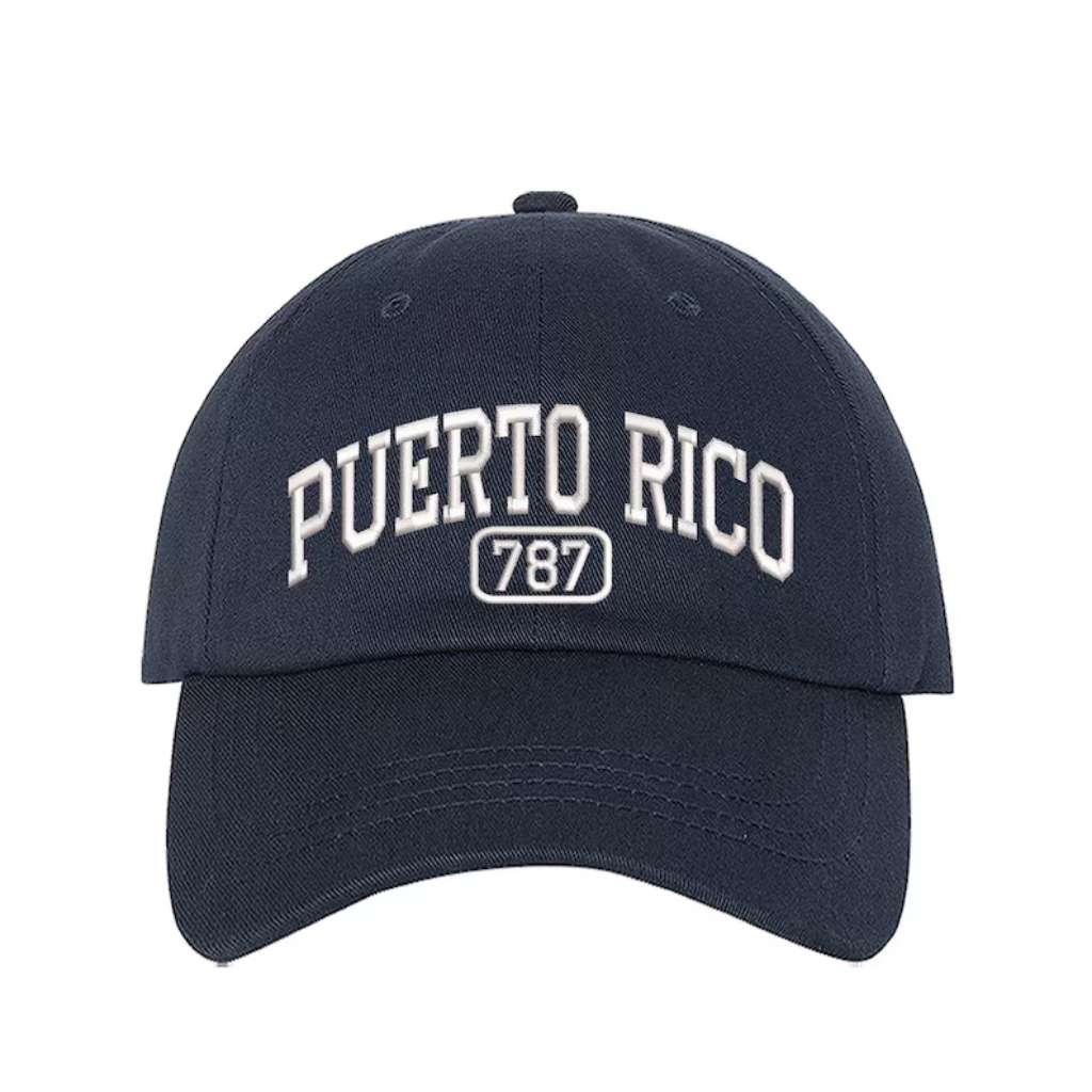 Navy Blue baseball hat embroidered with the phrase Puerto Rico 787 - DSY Lifestyle