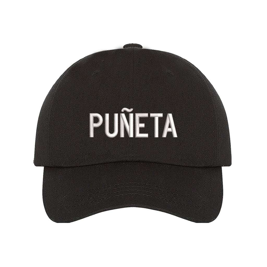 Black embroidered baseball hat featuring the Puerto Rican slang Puñeta! in bold lettering, adding a fun and expressive touch to any outfit - DSY Lifestyle