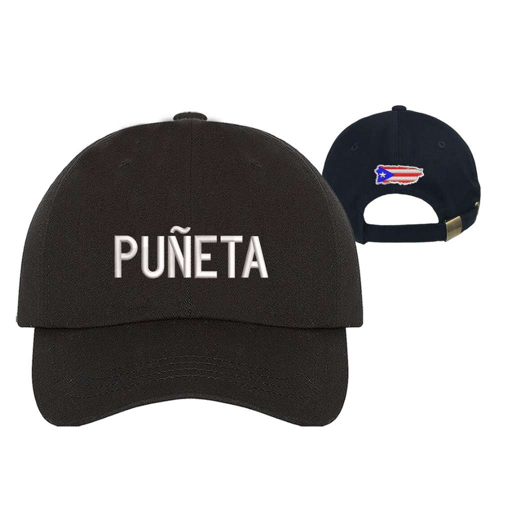 Black embroidered baseball hat featuring the Puerto Rican slang Puñeta! in bold lettering, and Puerto Rico flag on the back adding a fun and expressive touch to any outfit - DSY Lifestyle