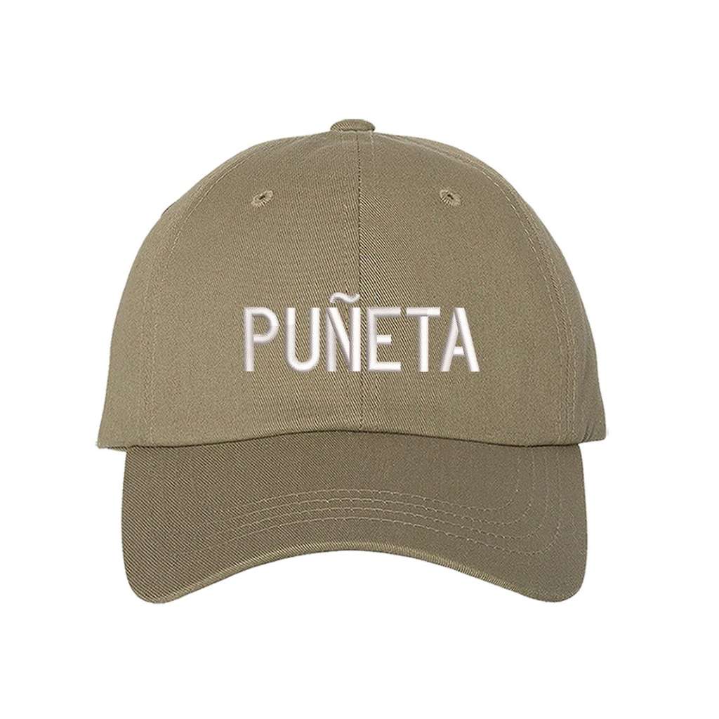 Khaki embroidered baseball hat featuring the Puerto Rican slang Puñeta! in bold lettering, adding a fun and expressive touch to any outfit - DSY Lifestyle