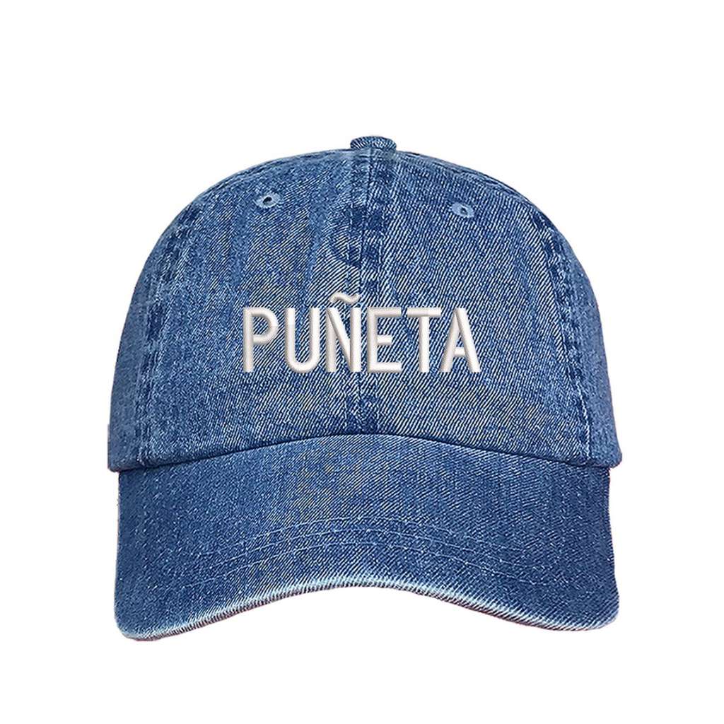 Light Denim embroidered baseball hat featuring the Puerto Rican slang Puñeta! in bold lettering, adding a fun and expressive touch to any outfit - DSY Lifestyle