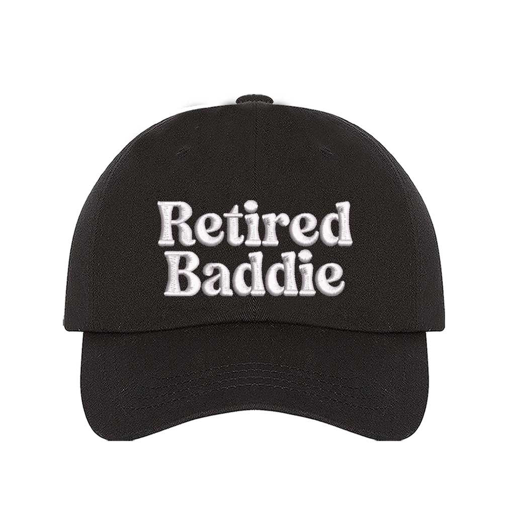 Black Retired Baddie Embroidered Baseball Hat with curved brim and adjustable strap, styled for casual everyday wear. – DSY Lifestyle.
