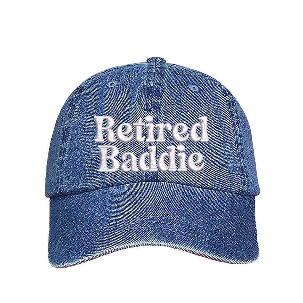 Light Denim Retired Baddie Embroidered Baseball Hat with curved brim and adjustable strap, styled for casual everyday wear. – DSY Lifestyle.