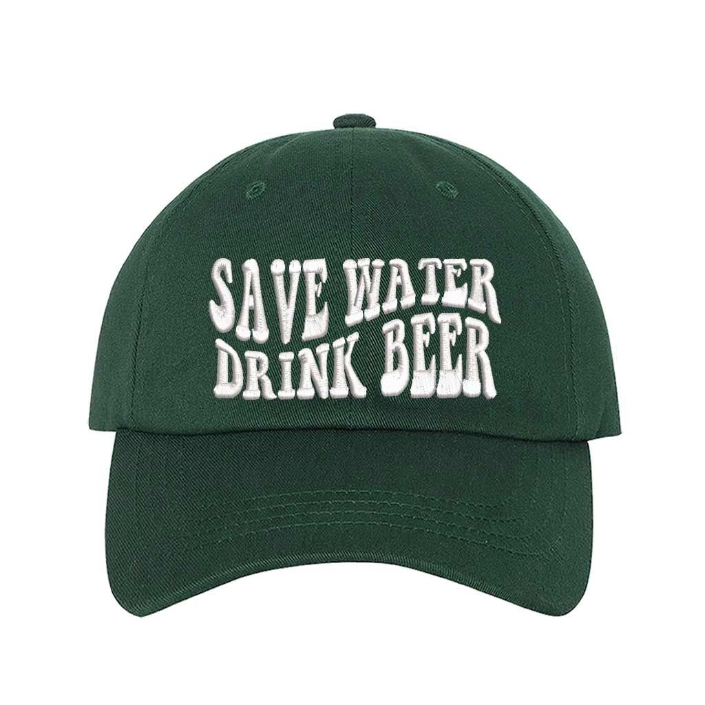 Forest Green Save Water Drink Beer Embroidered Baseball Hat in classic cotton with curved brim and adjustable hook and loop closure, perfect for beer lovers. DSY Lifestyle.