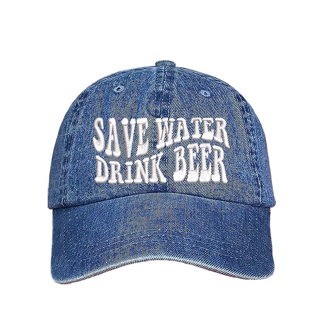Light Denim Save Water Drink Beer Embroidered Baseball Hat in classic cotton with curved brim and adjustable hook and loop closure, perfect for beer lovers. DSY Lifestyle.