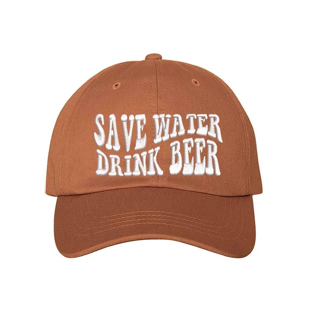 Texas Orange Save Water Drink Beer Embroidered Baseball Hat in classic cotton with curved brim and adjustable hook and loop closure, perfect for beer lovers. DSY Lifestyle.