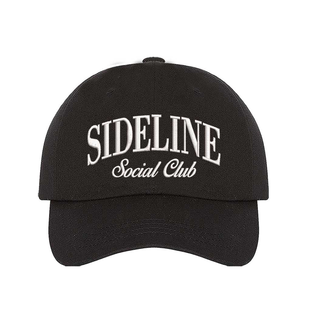 Black Sideline Social Club Embroidered Baseball Hat with 3D raised embroidery, adjustable strap, and breathable cotton design. - DSY Lifestyle