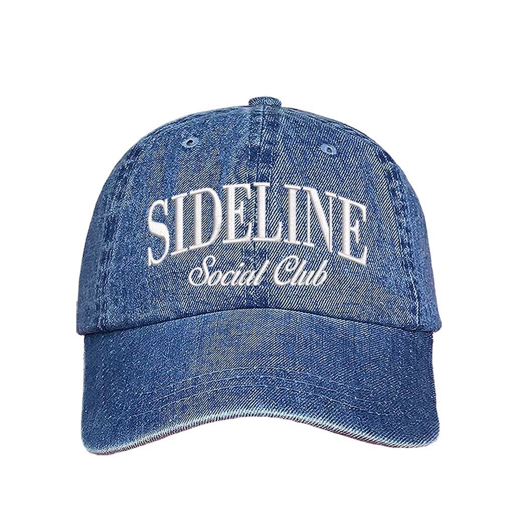 Light Denim Sideline Social Club Embroidered Baseball Hat with 3D raised embroidery, adjustable strap, and breathable cotton design. - DSY Lifestyle