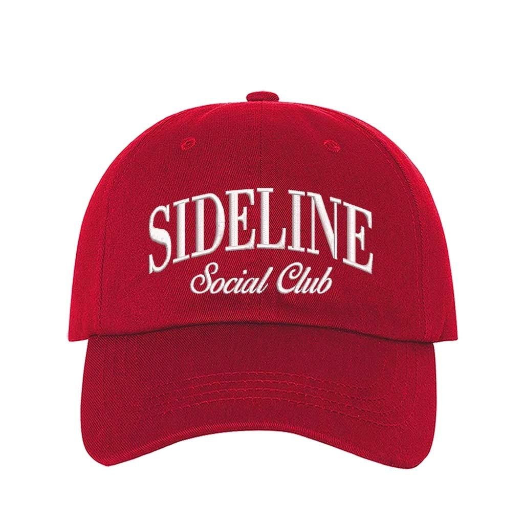 Red Sideline Social Club Embroidered Baseball Hat with 3D raised embroidery, adjustable strap, and breathable cotton design. - DSY Lifestyle