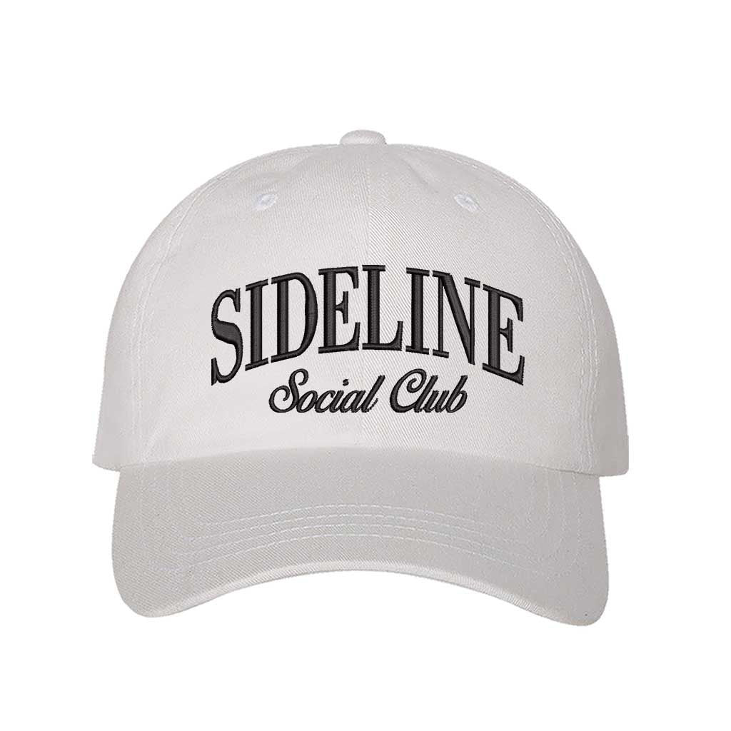 White Sideline Social Club Embroidered Baseball Hat with 3D raised embroidery, adjustable strap, and breathable cotton design. - DSY Lifestyle
