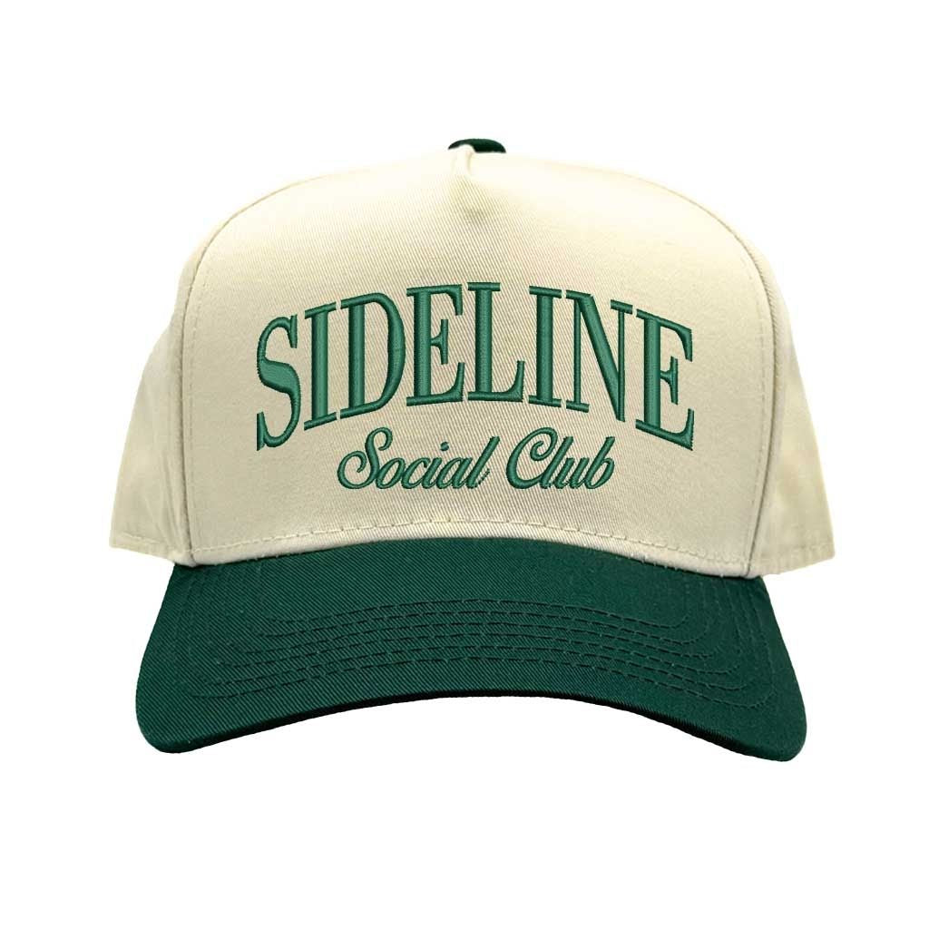 Natural Forest Green Sideline Social Club Two Tone 5 Panel Embroidered Baseball Hat with bold embroidery and sporty two-tone design – DSY Lifestyle