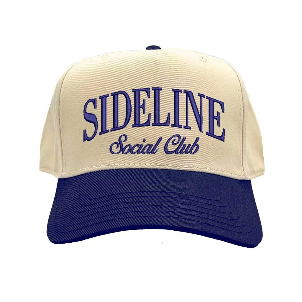 Natural Navy Blue Sideline Social Club Two Tone 5 Panel Embroidered Baseball Hat with bold embroidery and sporty two-tone design – DSY Lifestyle