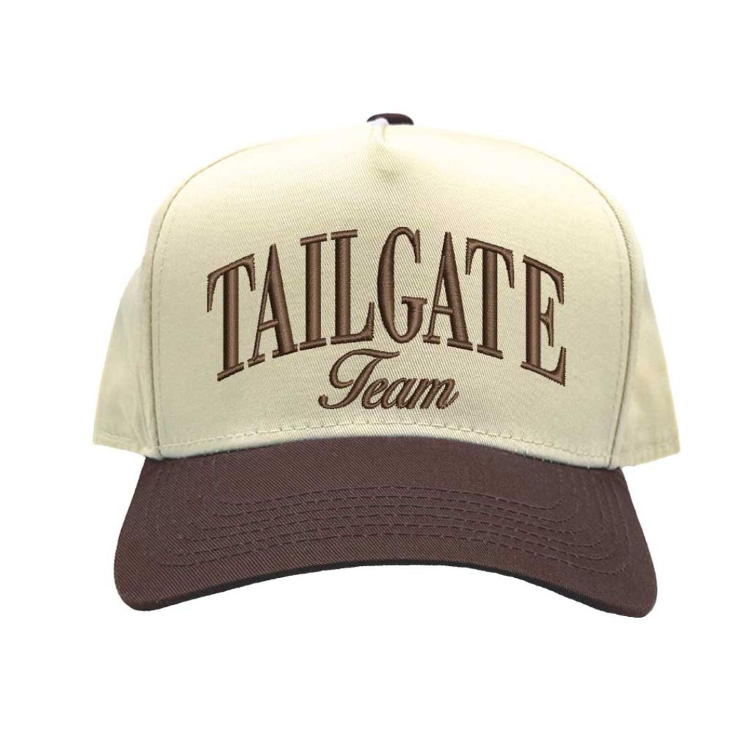 Natural Brown Tailgate Team embroidered two-tone 5-panel baseball hat with adjustable snapback closure and retro football fan design – DSY Lifestyle.