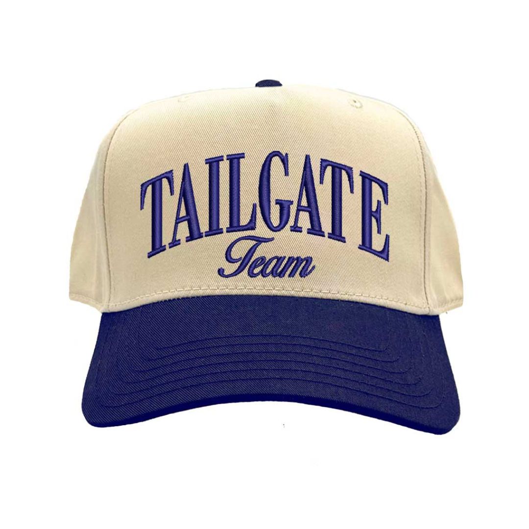 Natural Navy Blue Tailgate Team embroidered two-tone 5-panel baseball hat with adjustable snapback closure and retro football fan design – DSY Lifestyle.