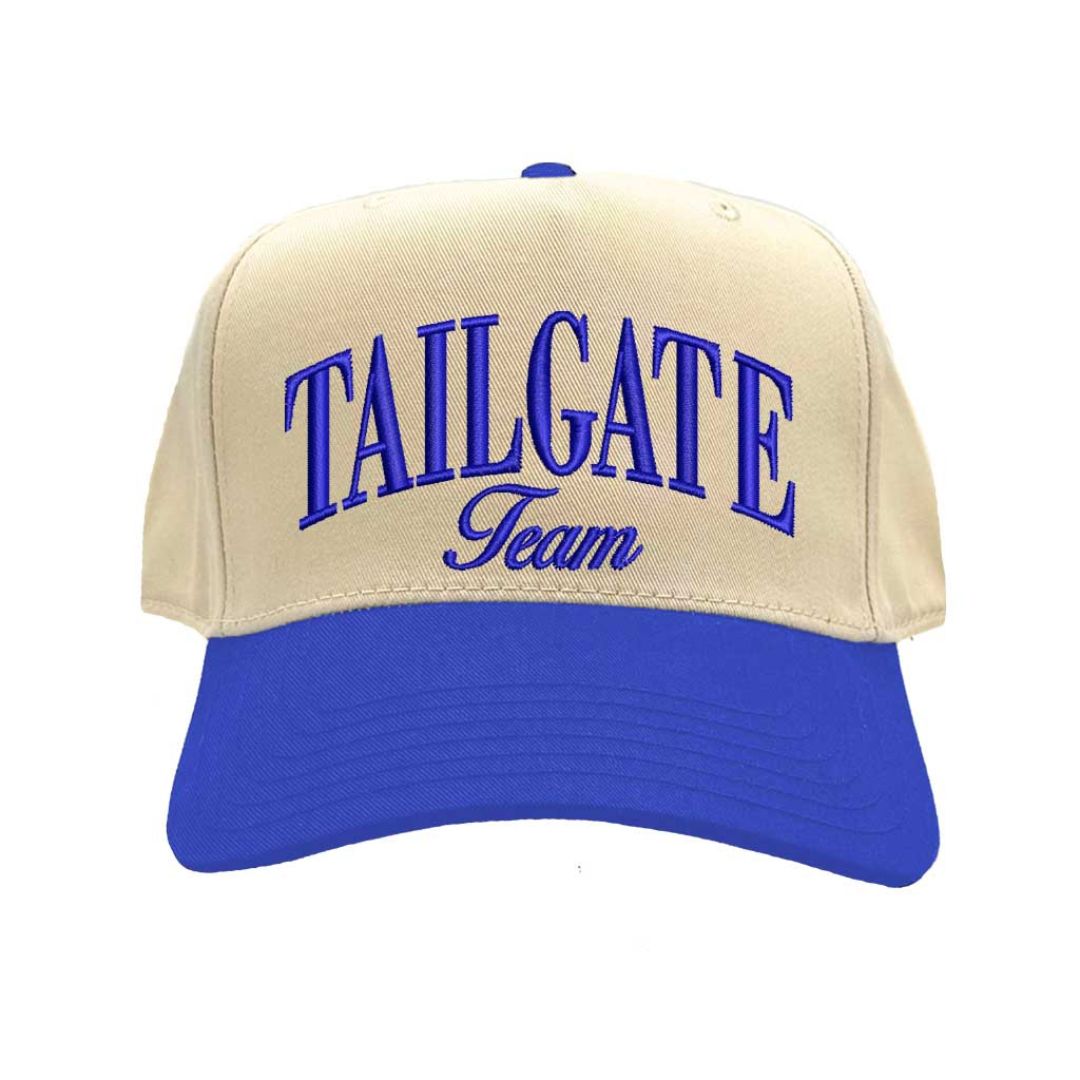 Natural Royal Blue Tailgate Team embroidered two-tone 5-panel baseball hat with adjustable snapback closure and retro football fan design – DSY Lifestyle.