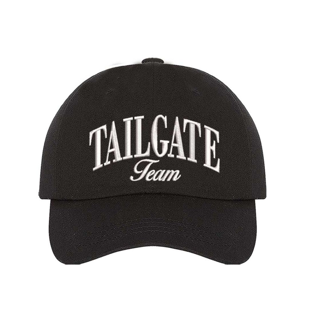Black Tailgate Team Embroidered Baseball Hat with raised stitching, adjustable hook-and-loop closure, and breathable cotton design for football fans. – DSY Lifestyle