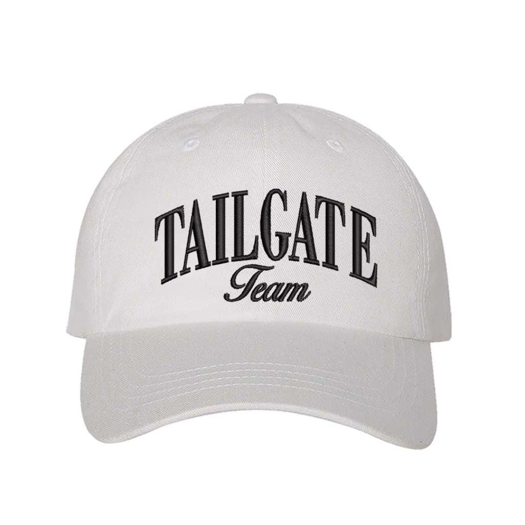 White Tailgate Team Embroidered Baseball Hat with raised stitching, adjustable hook-and-loop closure, and breathable cotton design for football fans. – DSY Lifestyle