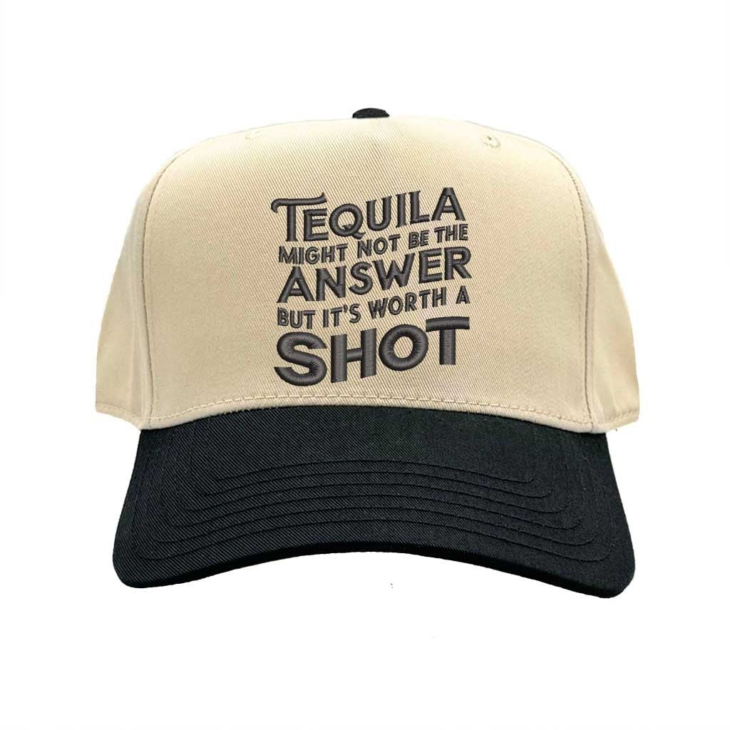 Natural Black “Tequila Might Not Be the Answer but It’s Worth the Shot” embroidered quote on a two-tone 5-panel baseball cap with adjustable strap and bold design for fun-loving men and women – DSY Lifestyle.