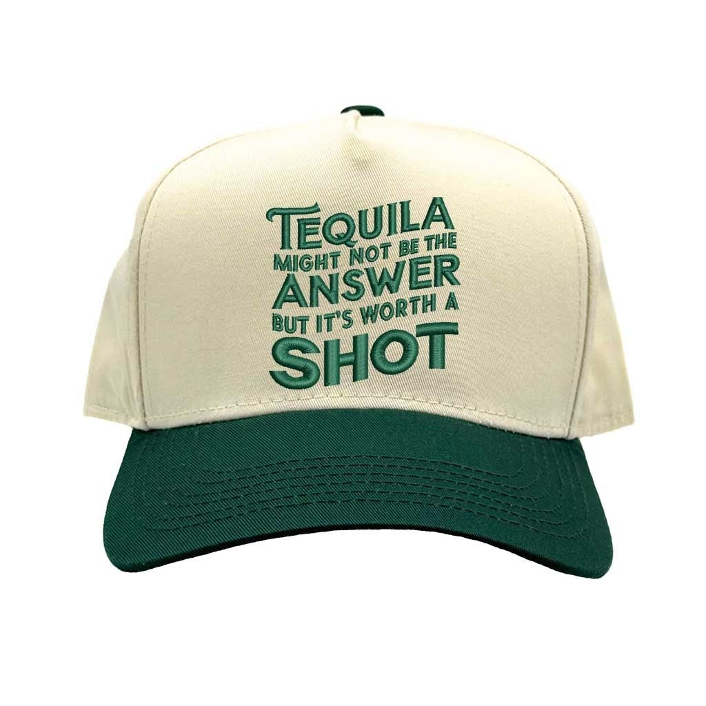 Natural Forest Green “Tequila Might Not Be the Answer but It’s Worth the Shot” embroidered quote on a two-tone 5-panel baseball cap with adjustable strap and bold design for fun-loving men and women – DSY Lifestyle.