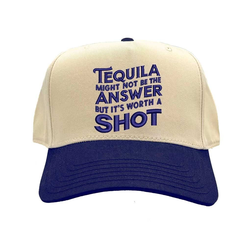 Natural Navy Blue “Tequila Might Not Be the Answer but It’s Worth the Shot” embroidered quote on a two-tone 5-panel baseball cap with adjustable strap and bold design for fun-loving men and women – DSY Lifestyle.