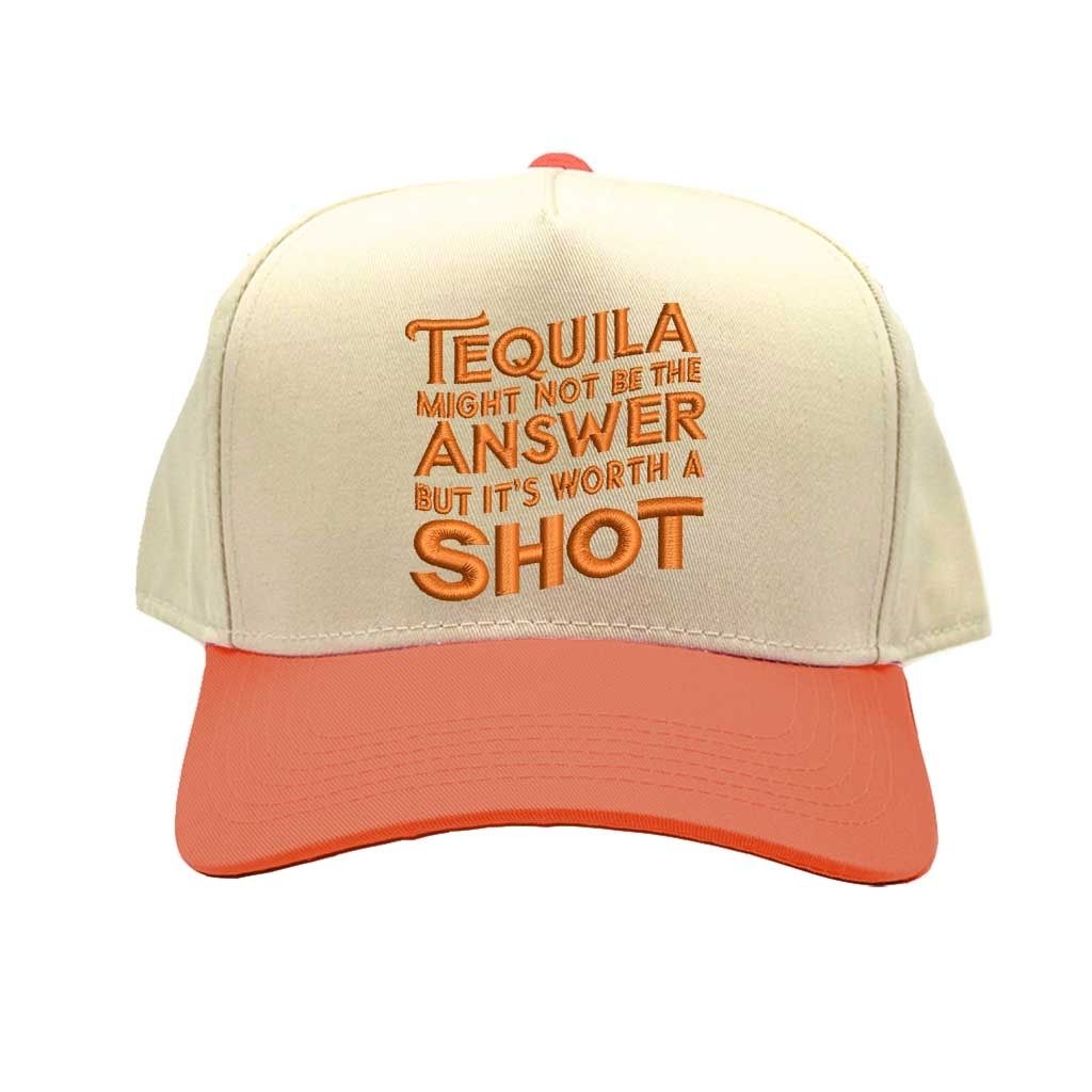 Natural Orange “Tequila Might Not Be the Answer but It’s Worth the Shot” embroidered quote on a two-tone 5-panel baseball cap with adjustable strap and bold design for fun-loving men and women – DSY Lifestyle.