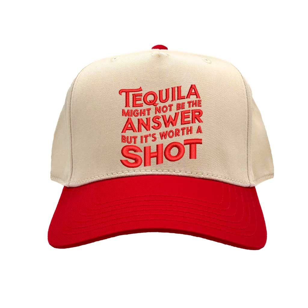 Natural Red “Tequila Might Not Be the Answer but It’s Worth the Shot” embroidered quote on a two-tone 5-panel baseball cap with adjustable strap and bold design for fun-loving men and women – DSY Lifestyle.