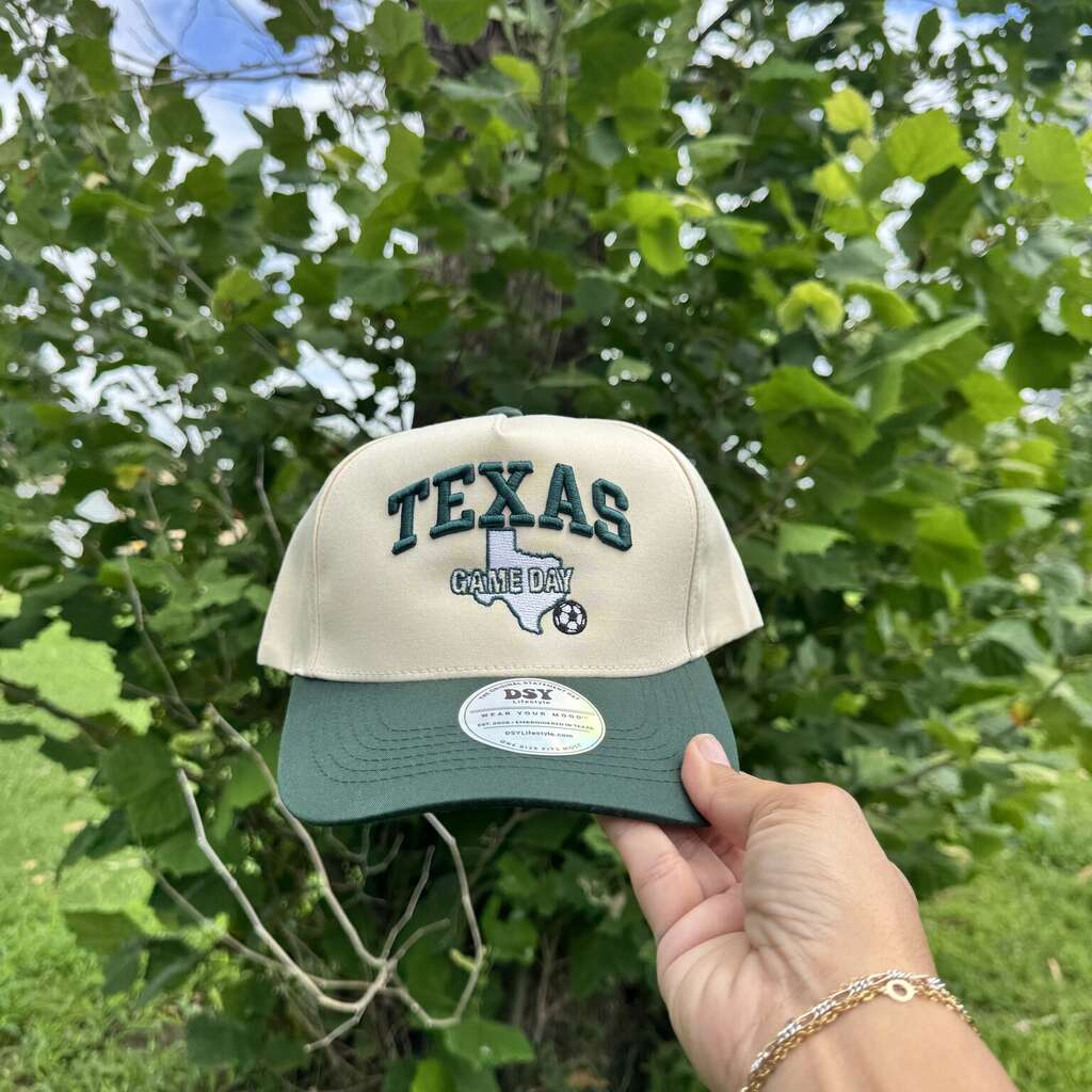 Texas Game Day Soccer embroidered statement baseball hat in natural with forest green bill — DSY Lifestyle front view