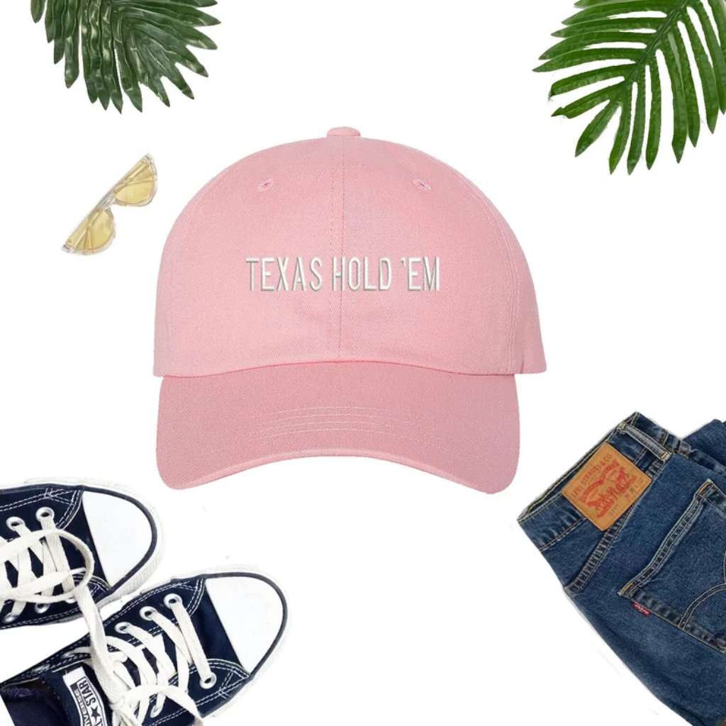 Light Pink baseball hat embroidered with the phrase Texas Hold &