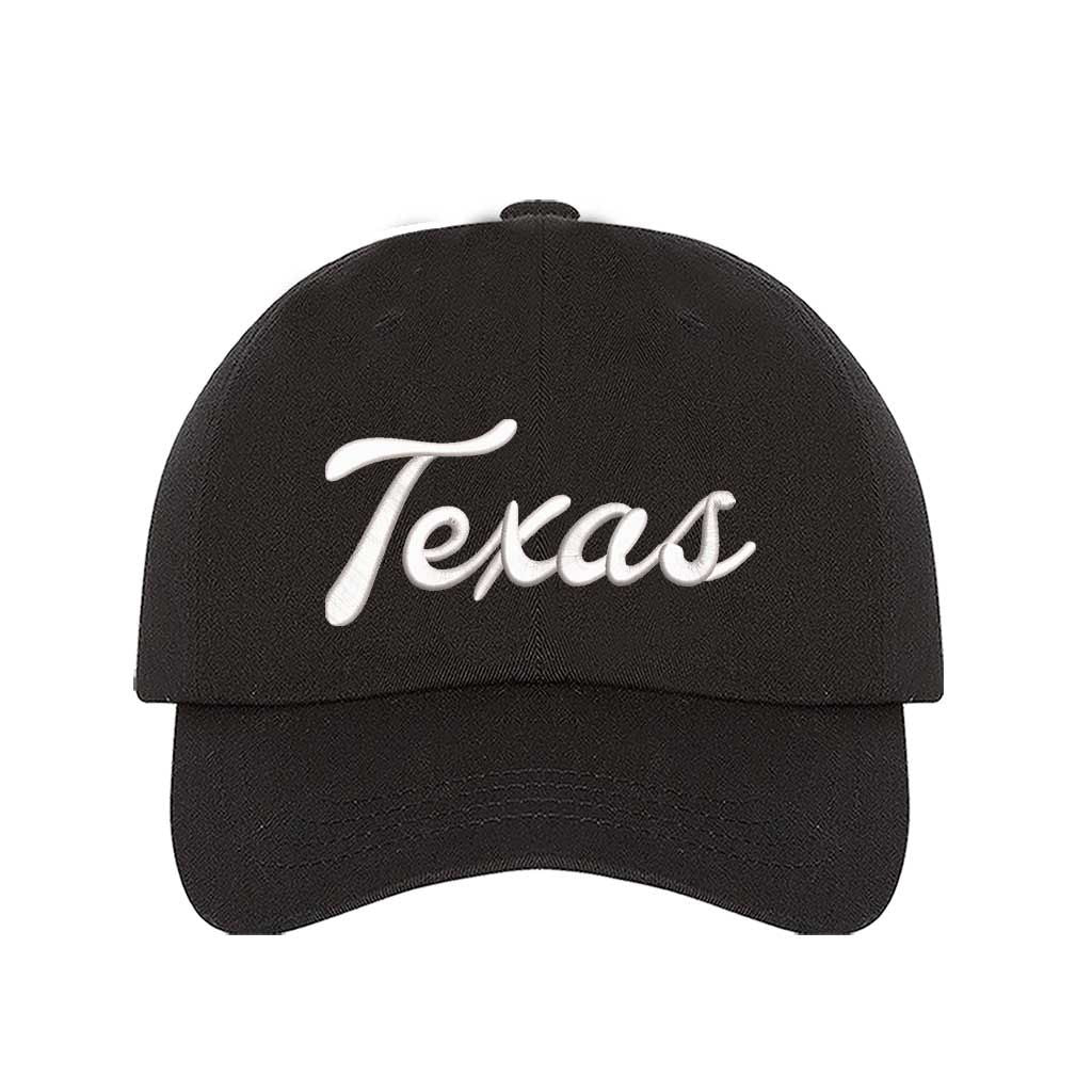 Black Texas Script 3D Embroidered Baseball Hat with bold raised lettering, curved brim, and adjustable strap for a perfect fit. DSY Lifestyle.