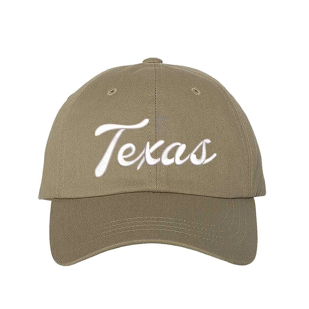 Khaki Texas Script 3D Embroidered Baseball Hat with bold raised lettering, curved brim, and adjustable strap for a perfect fit. DSY Lifestyle.