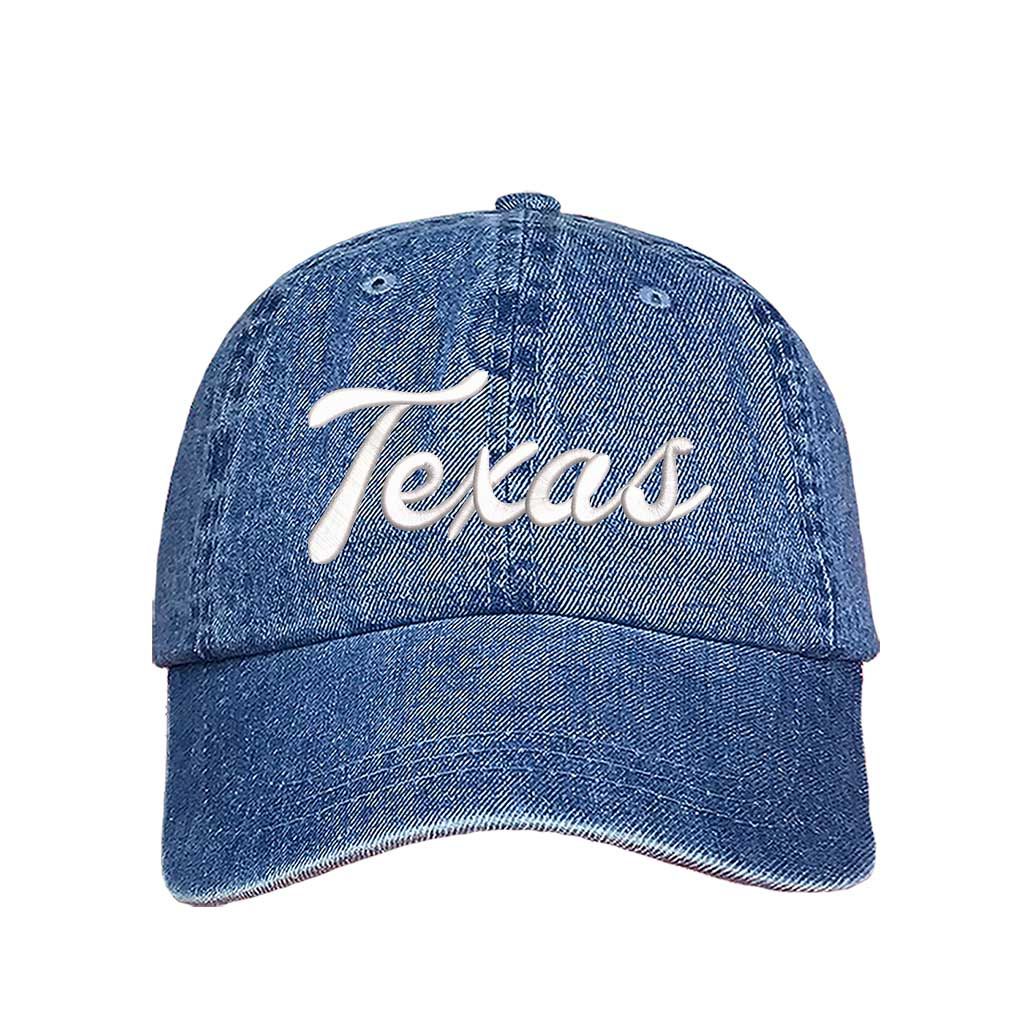 Light Denim Texas Script 3D Embroidered Baseball Hat with bold raised lettering, curved brim, and adjustable strap for a perfect fit. DSY Lifestyle.