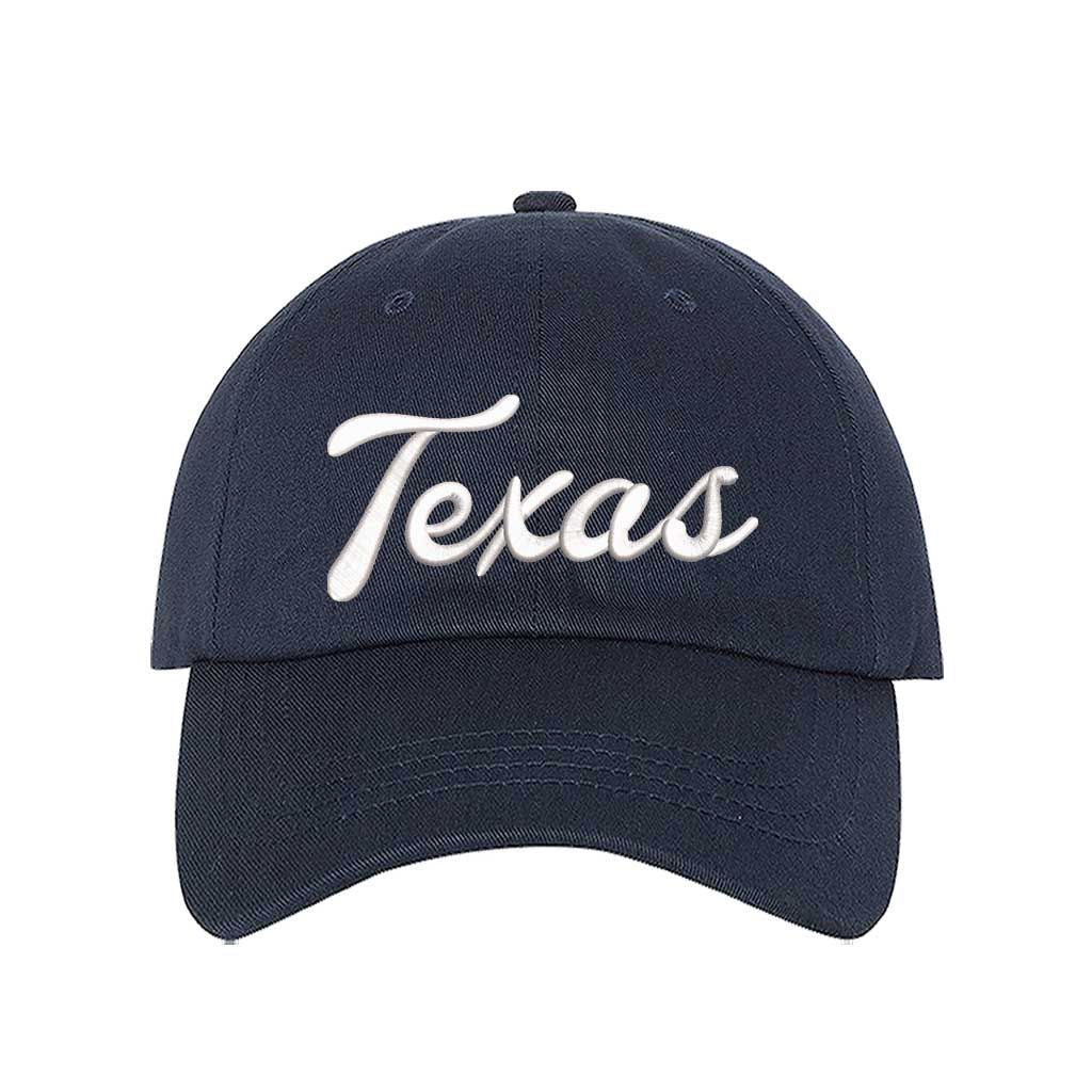 Navy Blue Texas Script 3D Embroidered Baseball Hat with bold raised lettering, curved brim, and adjustable strap for a perfect fit. DSY Lifestyle.
