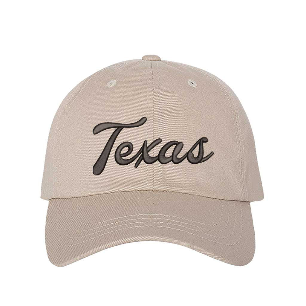 Stone Texas Script 3D Embroidered Baseball Hat with bold raised lettering, curved brim, and adjustable strap for a perfect fit. DSY Lifestyle.