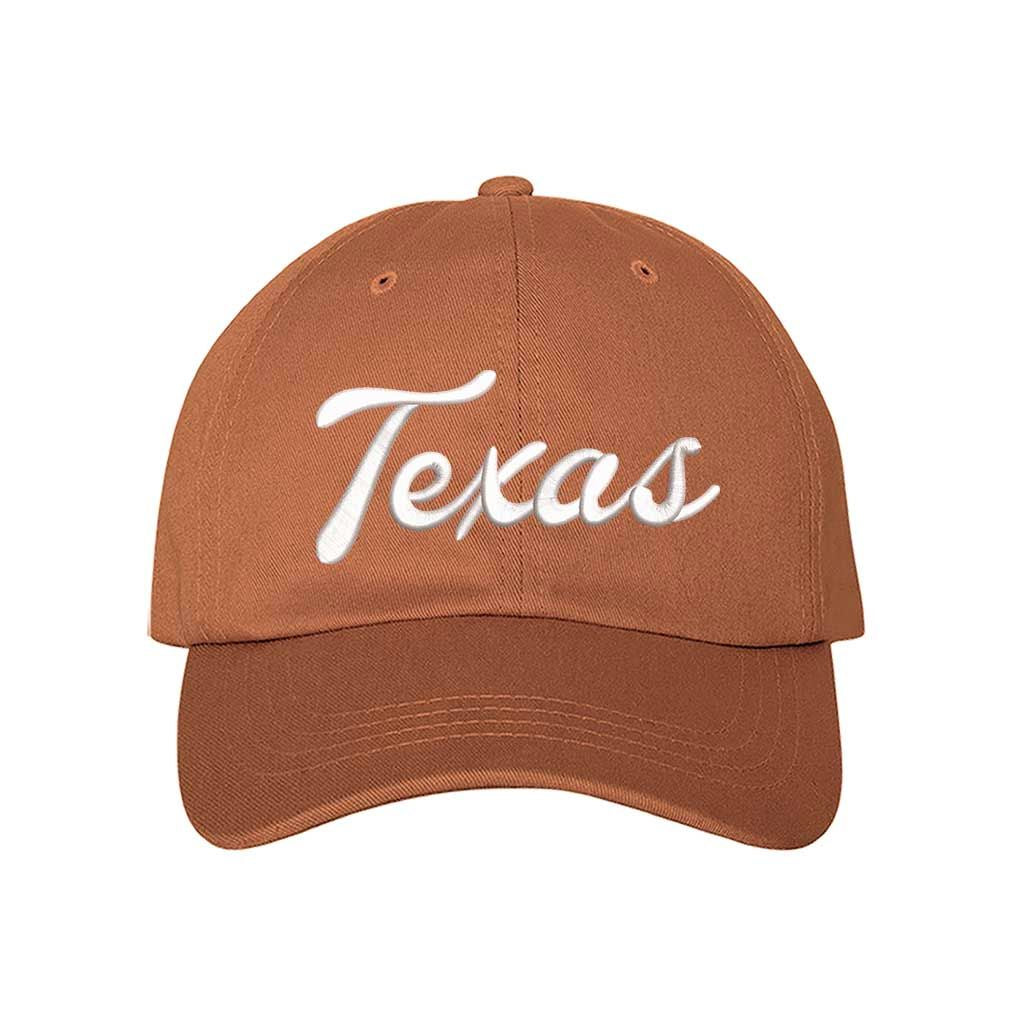 Texas Orange Texas Script 3D Embroidered Baseball Hat with bold raised lettering, curved brim, and adjustable strap for a perfect fit. DSY Lifestyle.