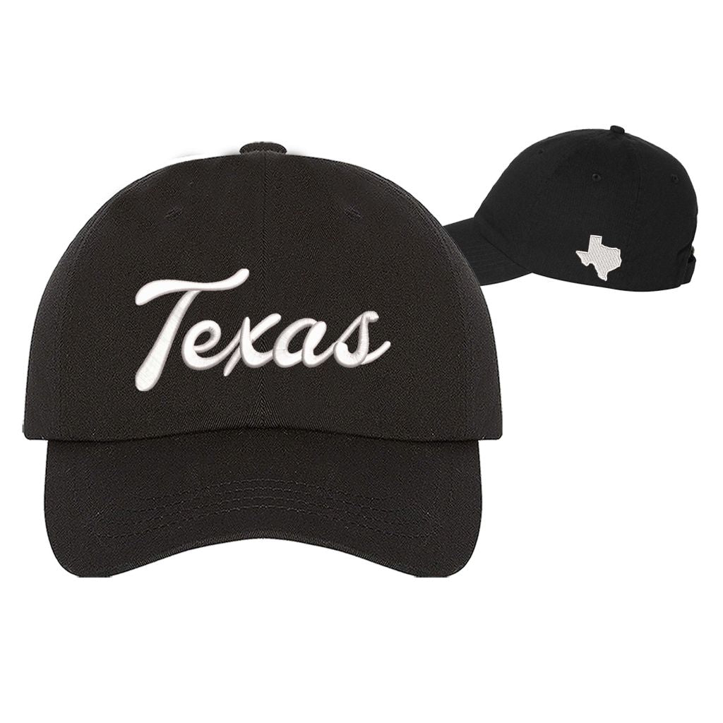 Black hat with sideview with map Texas Script 3D Embroidered Baseball Hat with bold raised lettering, curved brim, and adjustable strap for a perfect fit. DSY Lifestyle.