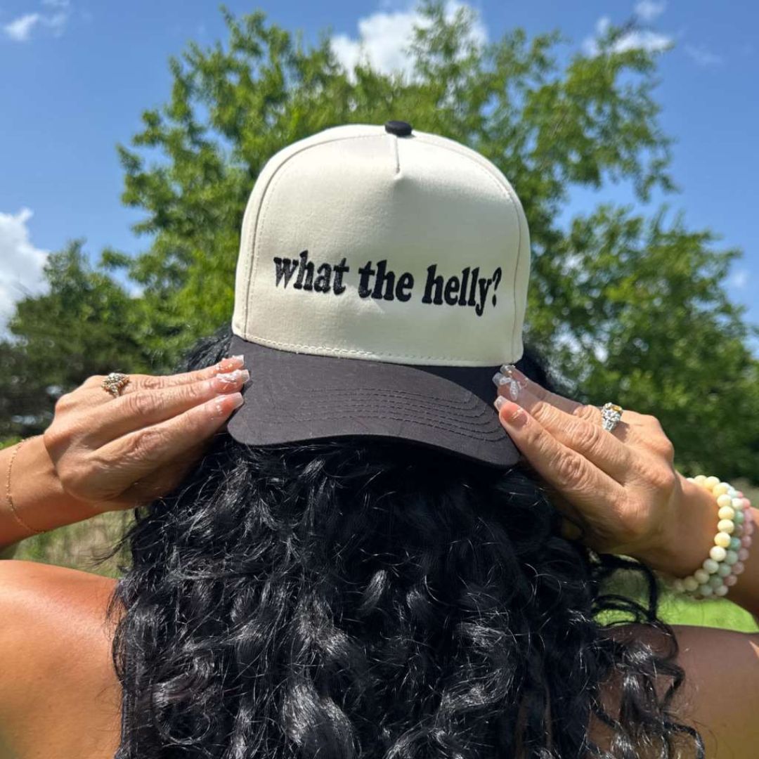 Natural Black Two-tone 5-panel embroidered baseball hat featuring the phrase “What the Helly?” in bold stitching, adjustable snapback closure – DSY Lifestyle