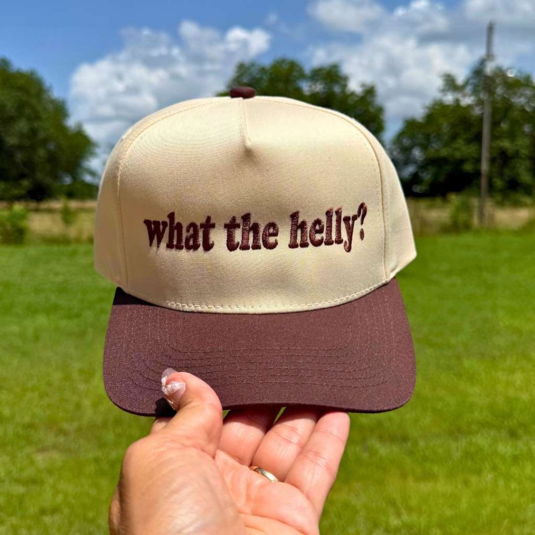 Natural Brown Two-tone 5-panel embroidered baseball hat featuring the phrase “What the Helly?” in bold stitching, adjustable snapback closure – DSY Lifestyle