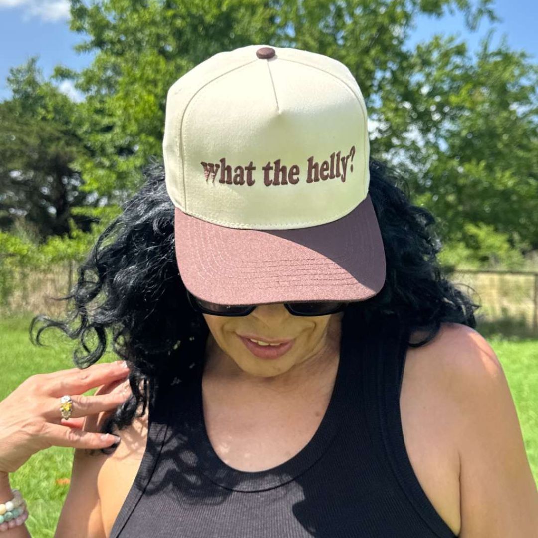 Natural Brown Two-tone 5-panel embroidered baseball hat featuring the phrase “What the Helly?” in bold stitching, adjustable snapback closure – DSY Lifestyle