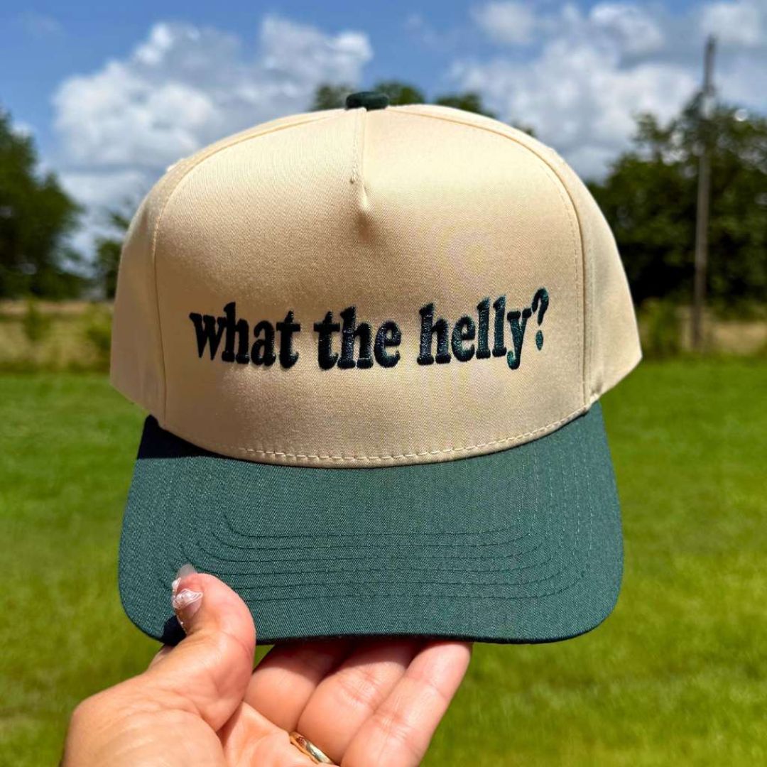 Natural Forest Green Two-tone 5-panel embroidered baseball hat featuring the phrase “What the Helly?” in bold stitching, adjustable snapback closure – DSY Lifestyle