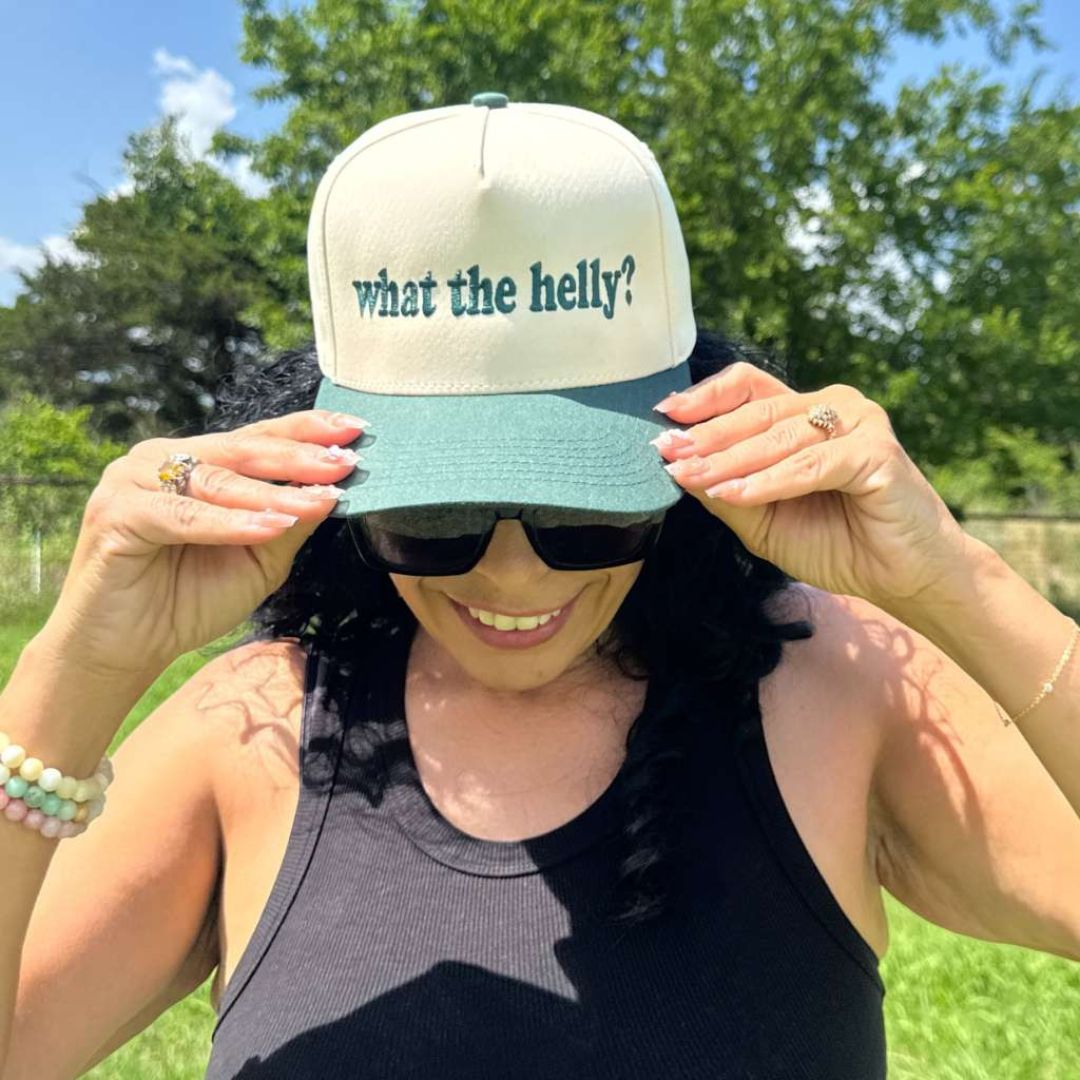 Natural Forest Green Two-tone 5-panel embroidered baseball hat featuring the phrase “What the Helly?” in bold stitching, adjustable snapback closure – DSY Lifestyle